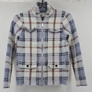 Rachel Zoe Fuzzy Plaid Full Zip Sweater Jacket, XS, Gray Blue White Eyelash Knit